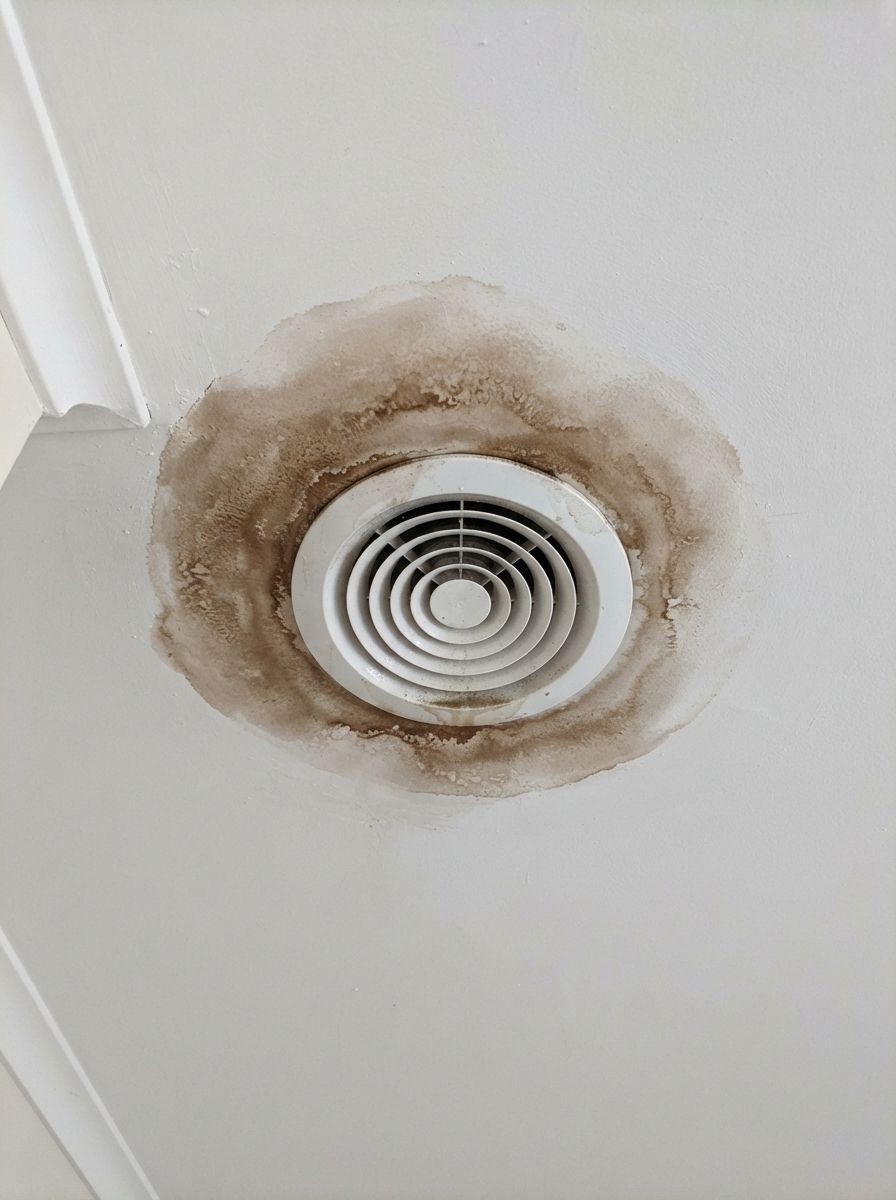 Brown water stain spreading around a ceiling air vent