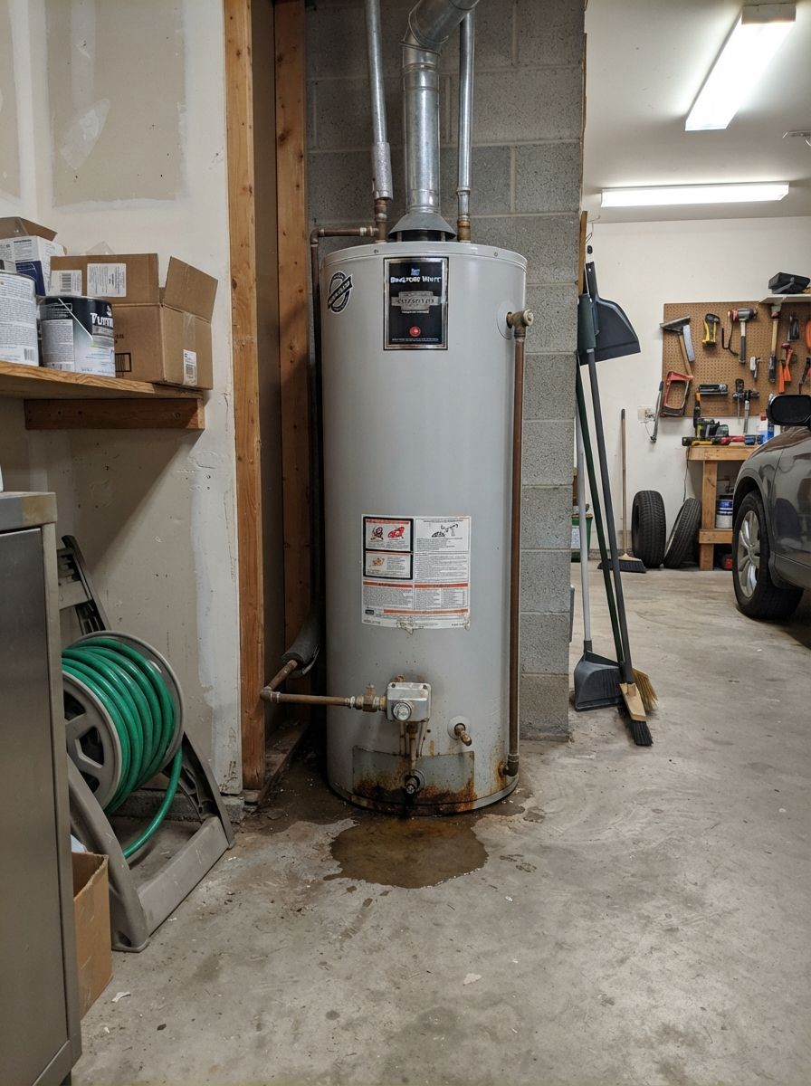 Water pooling at the base of a water heater in an attached garage