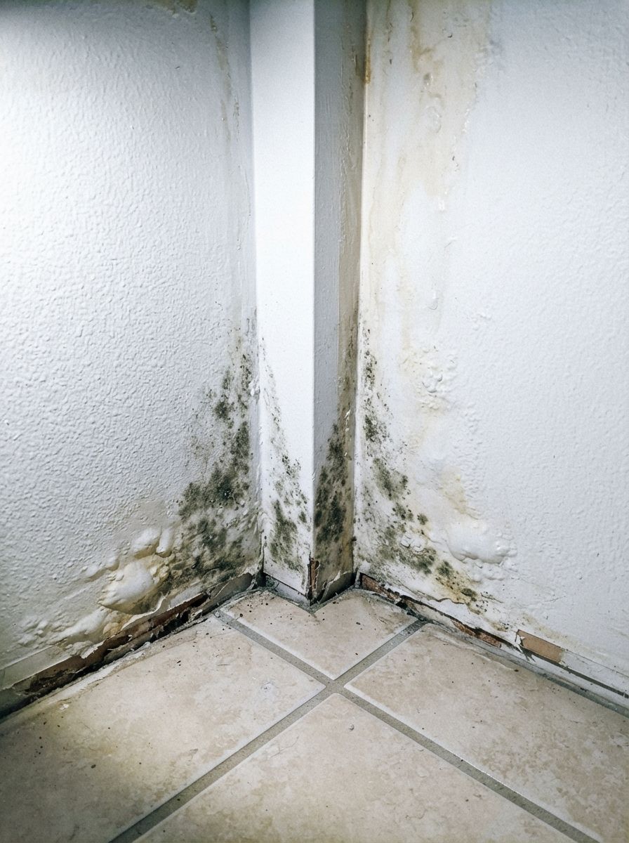 Mold and water staining at the base of a wall, with paint lifting