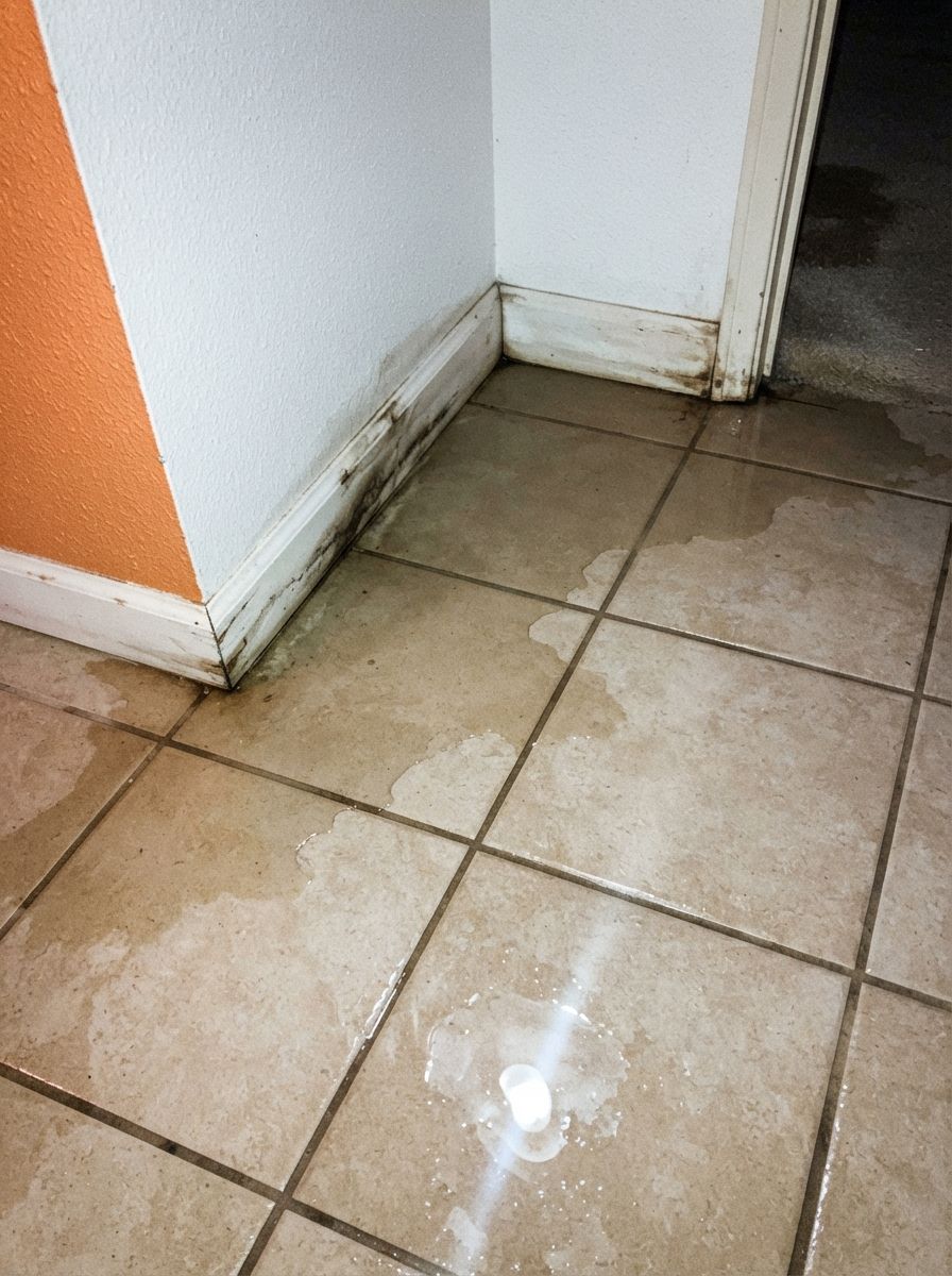 Water spreading across a tile floor and into adjoining carpet