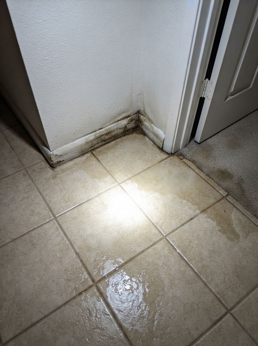 Standing water across a tile floor with staining at the baseboard